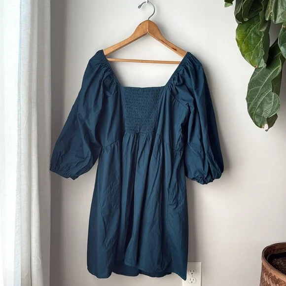 Arula Puff Sleeve Sweetheart Neckline Cotton Poplin A-Line Dark Teal Mini Dress